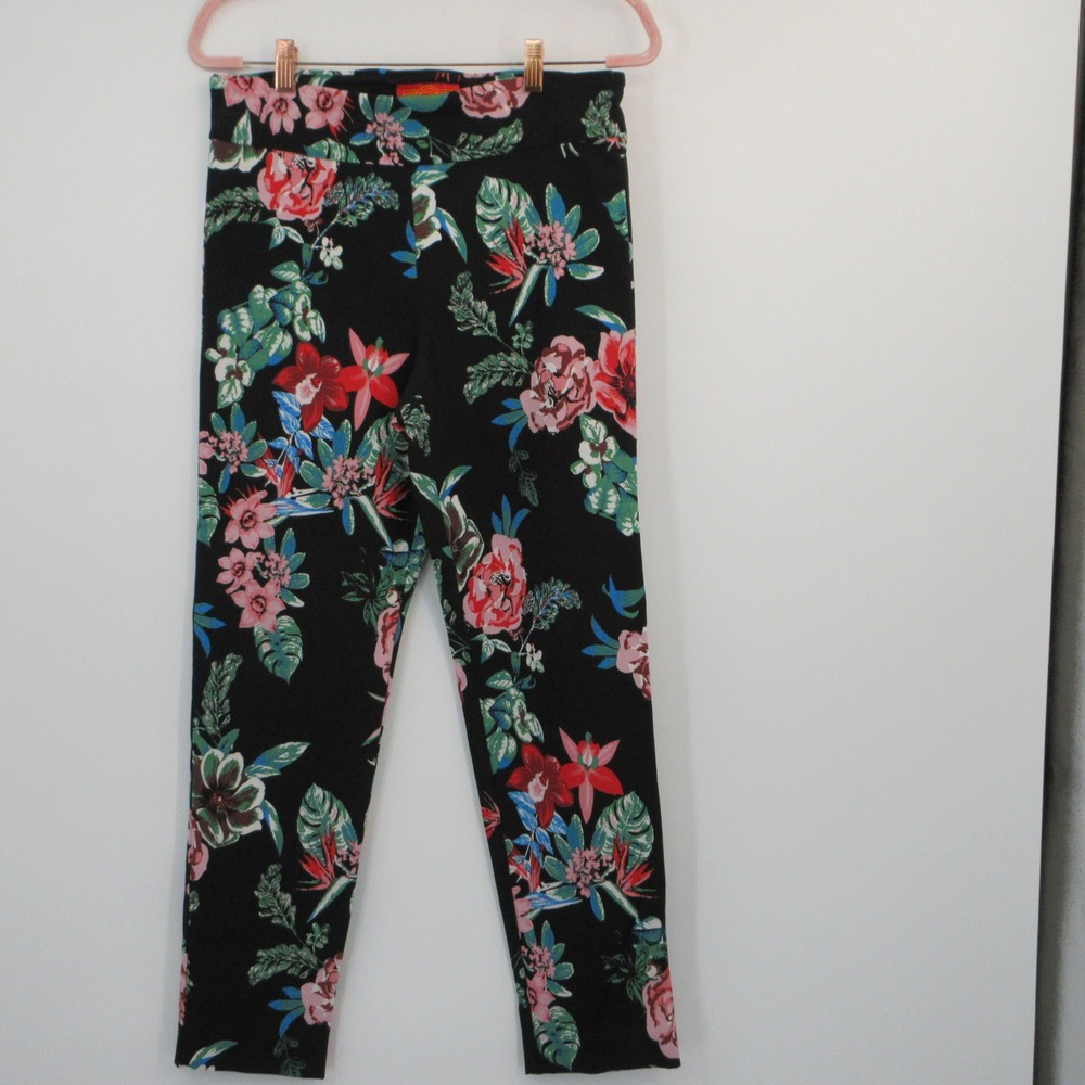 Krazy Larry Womens Floral Pull On Ankle Pants Black Pink Tropical Size 12 USA
